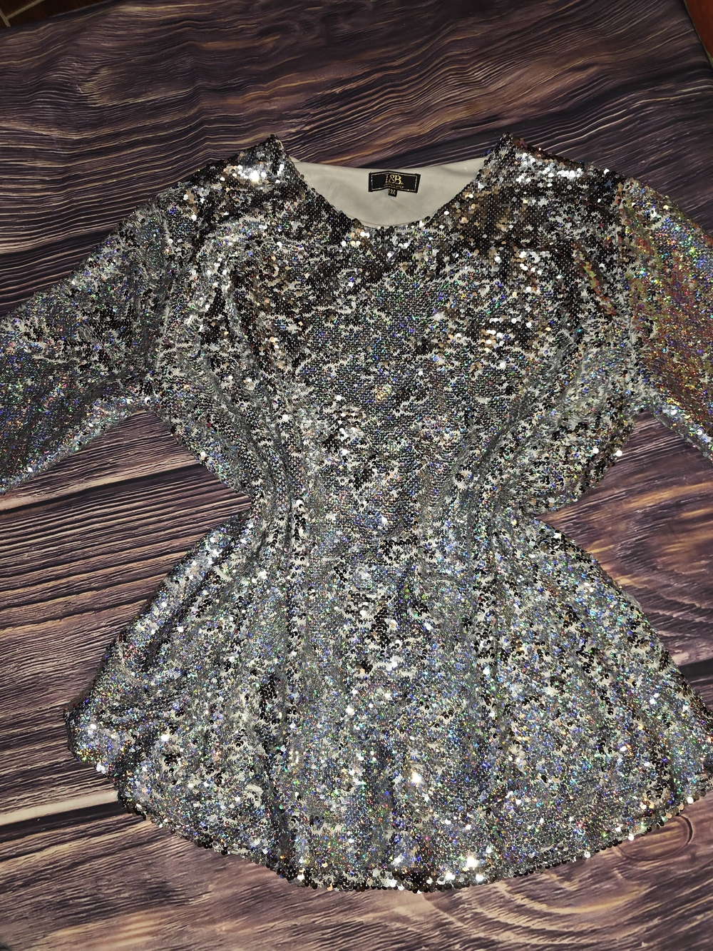 L&B Silver Sequin Peplum Top